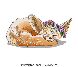 Drawing of a sleeping fennec fox in a floral wreath. Greeting card, t-shirt composition, hand-drawn print style. Vector illustration