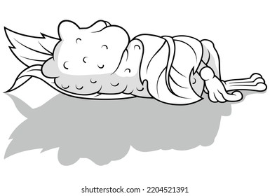 Drawing of a Sleeping Frog Wrapped in a Leaf - Cartoon Illustration Isolated on White Background, Vector