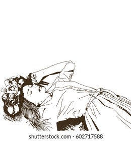 Drawing of a sleeping girl lying in the grass with a wreath on her head.