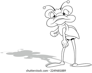 Drawing of a Sleepy and Tired Beetle with Long Legs - Cartoon Illustration Isolated on White Background, Vector