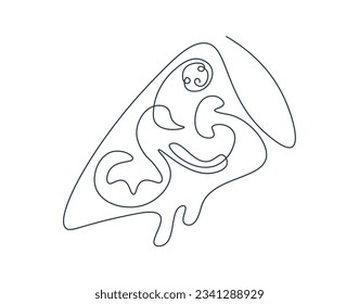 Drawing slice of pizza in one continuous line. Fast food in single line. Hot dinner minimalistic doodle illustration. Italian food. Logo for pizzeria.