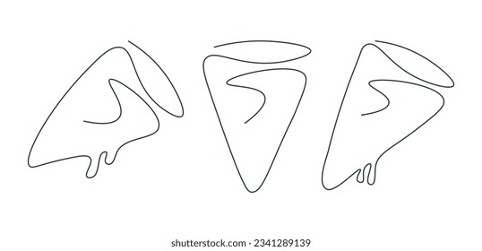 Drawing slice of pizza in one continuous line. Fast food in single line. Hot dinner minimalistic doodle illustration. Italian food. Logo for pizzeria. Seth on white background.