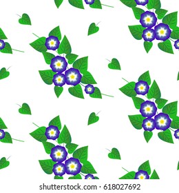 Drawing in a small blue flower on a white background.Colored seamless background for textile, fabric, cotton fabric, cover, wallpaper, stamp, gift wrapping and scrapbooking. Morning glory