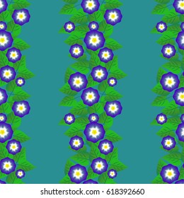 Drawing in a small blue flower on a beryus background. A fluffy seamless background for textiles, fabric, cotton fabric, covers, wallpaper, print, gift wrapping and scrapbooking. Morning glory