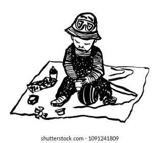 drawing of a small child in a panama and overalls sitting on the grass on the rug and playing, sketch by hand drawn cartoon vector illustration