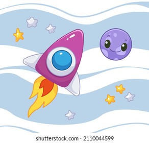 Drawing with a small cute space rocket that flies to the planet mars on the background of space. Vector illustration in cartoon childish style. Cute space transport print