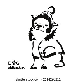 Drawing of a small dog of the Chihuahua breed in winter clothes. Gestalt design of funny pets.