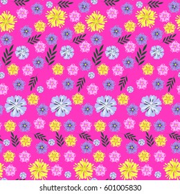 A drawing in a small flower on a pink background. Millefleurs. Floral seamless background for textile or book covers, production, wallpaper, stamp, gift wrapping and scrapbooking