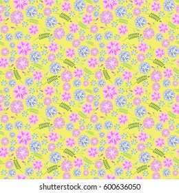 A drawing in a small flower on a yellow background.Millefleurs. Style of Freedom. Floral seamless background for textile or books covers, production, wallpaper,printing gift wrapping and scrapbooking.