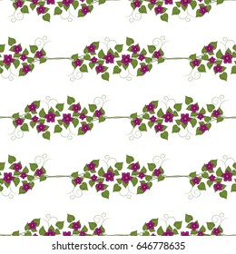 A drawing in a small lilac flower on a white background with leaves. Flower seamless patern for textiles, fabric, cotton fabric, covers, wallpaper, print, gift wrap, postcard.