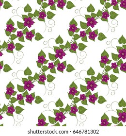 A drawing in a small lilac flower on a white background with leaves. Flower seamless patern for textiles, fabric, cotton fabric, covers, wallpaper, print, gift wrap, postcard.