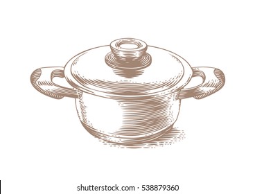 Drawing of small metal pot with lid