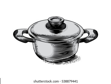 Drawing of small metal pot with lid