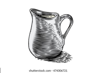 Drawing of small milk pitcher with milk on the white