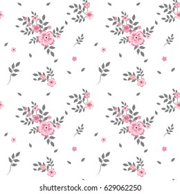 A drawing in a small pink flower with gray leaves on a white background. Colorful seamless background for textiles, fabric, cotton fabric, covers, wallpapers, print, gift wrapping and scrapbooking.