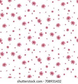 Drawing in a small pink flower with pink leaves on a white background .Colored seamless background for textile, fabric, cotton fabric, cover, wallpaper, stamp, gift wrapping and scrapbooking.