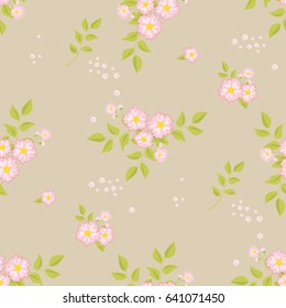 A drawing in a small pink flower on a dark background. Flower seamless pattern for textiles, fabric, cotton fabric, covers, wallpapers, print, gift wrapping and scrapbooking.