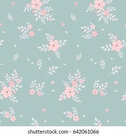 Dibujo en una pequeña flor rosa sobre un fondo oscuro con hojas. Flor sin fisuras para textiles, tela, tela de algodón, cubiertas, papel pintado, papel de regalo, envoltura de regalo y rayado.