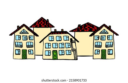 Сhildren's drawing of a small town, a residential area of the city. Houses with green doors, large windows. Red tiled roof