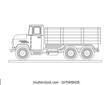 Drawing of a small truck with a trailer for transportation with 6 wheels without filling on a white background