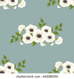 A drawing in a small white flower on a dark background with green leaves. Flowers seamless pattern for textiles, fabric, cotton fabric, covers, wallpapers, print, gift wrapping and scrapbooking.