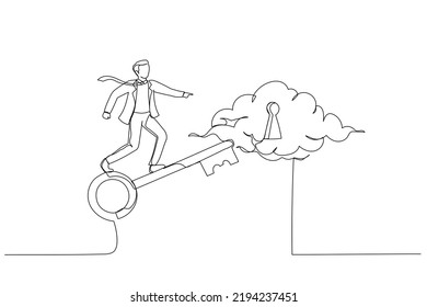 Drawing of smart businessman riding flying golden key to discover success keyhole. Metaphor for discovering success, unlock secret creativity to achieve business target. Single line art style
