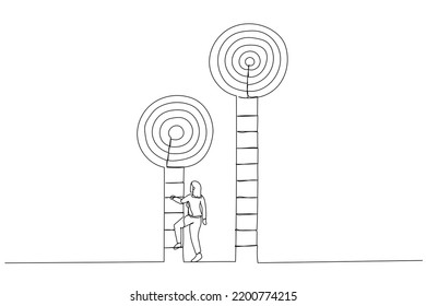 Drawing of smart businesswoman about to climb up ladder to achieve short term goal. Metaphor for focus on short term goal to achieve long term success. Continuous line art style
