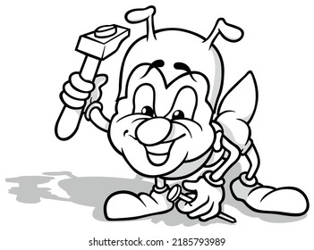Dibujo de una hormiga sonriente con un martillo y una uña en sus manos - Ilustración de caricatura aislada en fondo blanco, vector