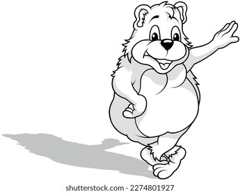 Drawing of a Smiling Bear with Raised Paw and Crossed Legs - Cartoon Illustration Isolated on White Background, Vector