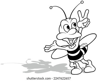 Drawing of a Smiling Bee with a Raised Hand Showing Victory - Cartoon Illustration Isolated on White Background, Vector