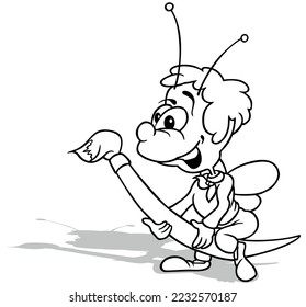 Drawing of a Smiling Beetle Sitting on a Paint Brush - Cartoon Illustration Isolated on White Background, Vector