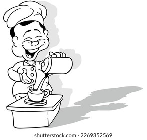 Zeichnung eines Lächelnden Chef Pours Kaffee in eine Mug - Cartoon Illustration einzeln auf weißem Hintergrund, Vektorgrafik