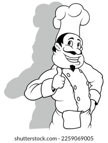 Drawing of Smiling Chef in White Uniform Showing Thumb Up - Cartoon Illustration Isolated on White Background, Vector