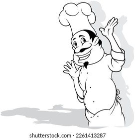 Drawing of a Smiling Chef in White Uniform Gesticulating with his Hands - Cartoon Illustration Isolated on White Background, Vector