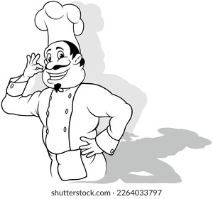 A Drawing of a Smiling Chef in a White Uniform Showing that the Food is a Delicacy - Cartoon Illustration Isolated on White Background, Vector