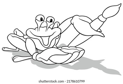 Drawing of a Smiling Crab Holding a Paintbrush and a Seashell with Paint - Cartoon Illustration Isolated on White Background, Vector