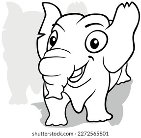 Drawing of a Smiling Cute Elephant from Front View - Cartoon Illustration Isolated on White Background, Vector