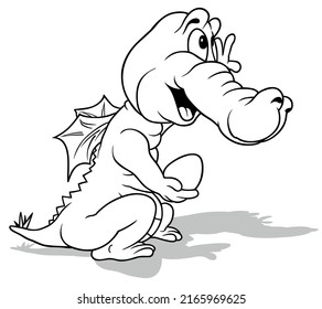 Drawing of a Smiling Dragon Holding an Egg - Cartoon Illustration Isolated on White Background, Vector