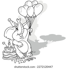 Dibujo de un elefante sonriente con globos y pasteles en una celebración - Ilustración de caricatura aislada en fondo blanco, vector
