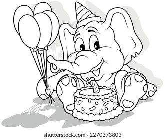 Drawing of a Smiling Elephant at Birthday Party with Cake and Party Balloons - Cartoon Illustration Isolated on White Background, Vector