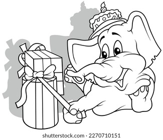 Dibujo de un elefante sonriente con un pastel en la cabeza desenvuelve sus presentes - Ilustración de caricatura aislada en fondo blanco, vector