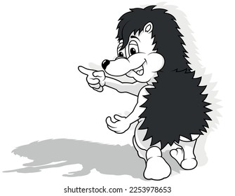 Dibujo de un Erizo Sonriente desde la Vista Trasera Apuntando a un Dedo - Ilustración de caricatura aislada en fondo blanco, vector