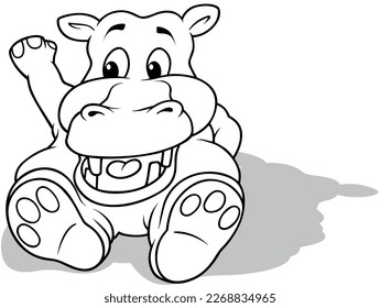 Drawing of a Smiling Hippo Sitting on the Ground - Cartoon Illustration Isolated on White Background, Vector