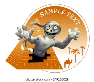 drawing of a smiling mummies and Egyptian pyramid with the silhouettes of camel and palms