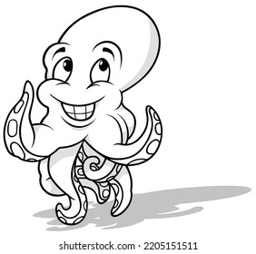 Drawing of a Smiling Octopus with Raised Tentacles - Cartoon Illustration Isolated on White Background, Vector