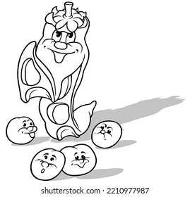 Drawing of a Smiling Pea with Round Peas Around - Cartoon Illustration Isolated on White Background, Vector