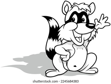 Drawing of a Smiling Raccoon with a Raised Paw - Cartoon Illustration Isolated on White Background, Vector