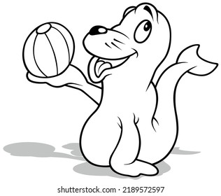 Drawing of a Smiling Sea Lion Holding a Beach Ball - Cartoon Illustration Isolated on White Background, Vector