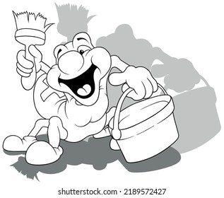Drawing of a Smiling Spider with a Bucket and Brush in his Hands - Cartoon Illustration Isolated on White Background, Vector