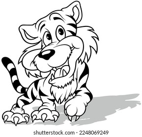 Drawing of a Smiling Tiger with Raised Paw - Cartoon Illustration Isolated on White Background, Vector